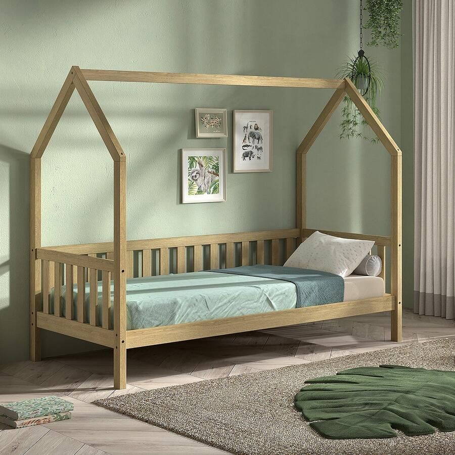 Vipack EMOB Bedhuisje Home 90x200 cm met hekje massief eikenhout Houten kinderbedden Bruin Hout Houten kinderbedden Eenpersoons Normaal bed Op voorraad