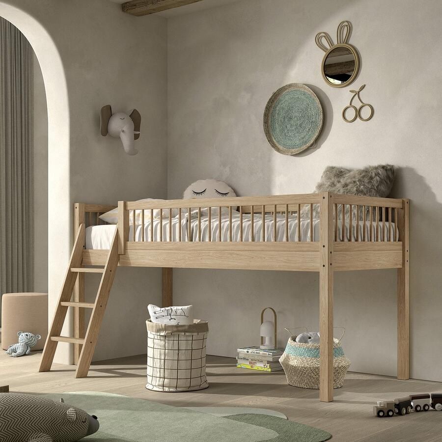 Vipack EMOB Halfhoogslaper Forrest 90x200cm massief beukenhout Kinderbedden met uitvalbeveiliging Bruin Hout Kinderbedden met uitvalbeveiliging Eenpersoons Halfhoogslaper Op voorraad