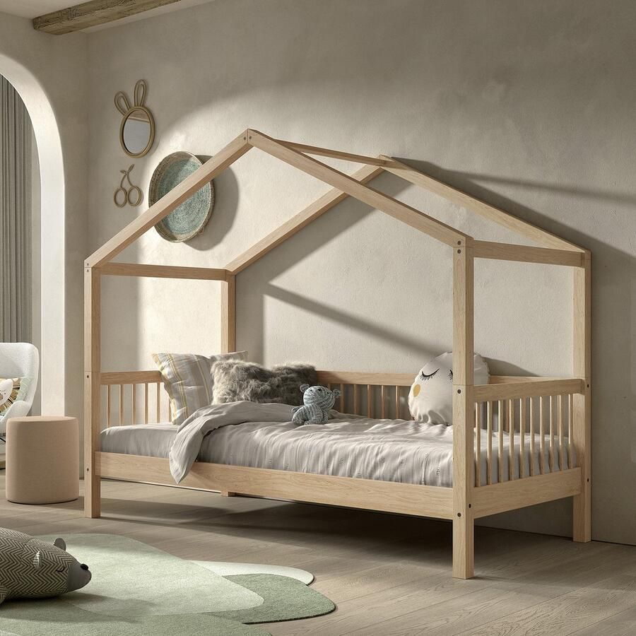 Vipack EMOB Huisbed Forrest 90x200cm massief beukenhout Houten kinderbedden Bruin Hout Houten kinderbedden Eenpersoons Normaal bed Op voorraad