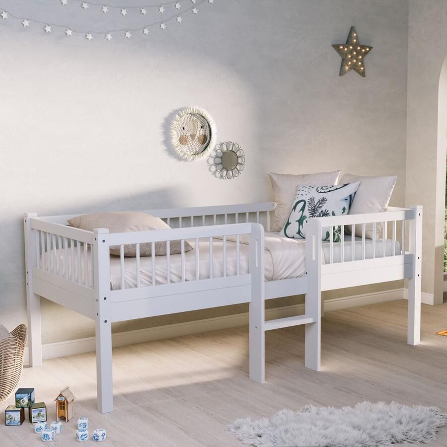 Vipack Halfhoogslaper Forrest 90 x 200cm massief beukenhout wit Kinderbedden met uitvalbeveiliging Wit Hout Kinderbedden met uitvalbeveiliging Eenpersoons Halfhoogslaper Op voorraad