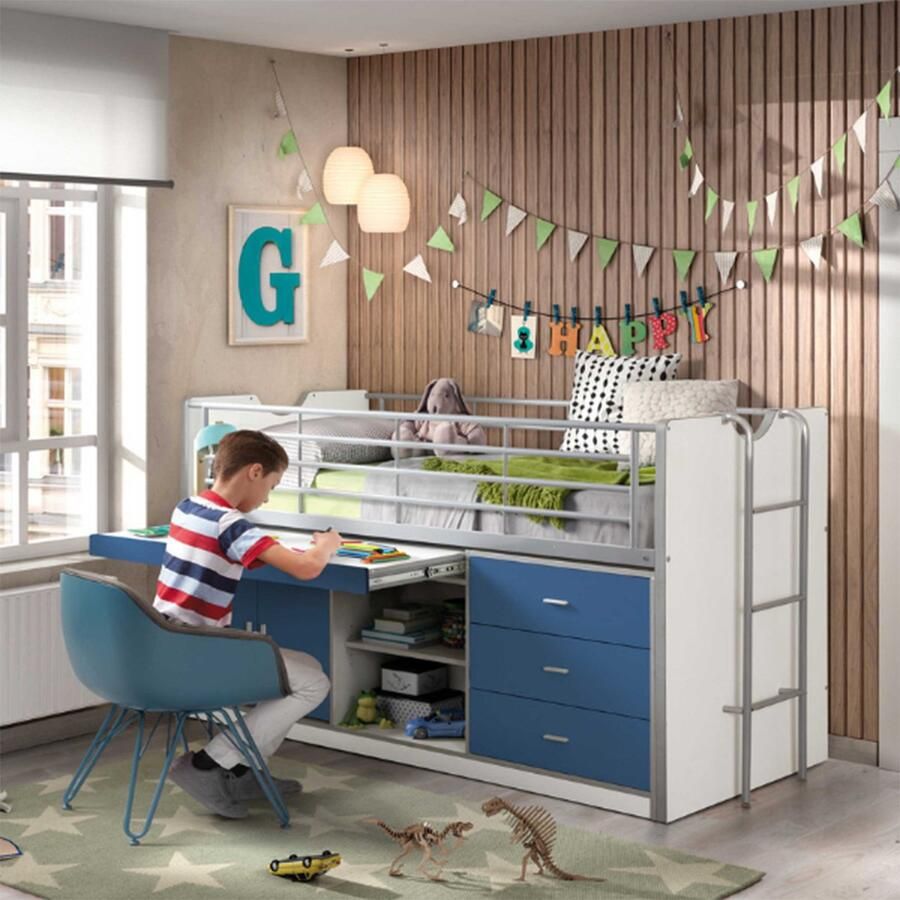 Vipack halfhoogslaper Bonny met uitschuifbaar bureau blauw 116x96x207 cm Leen Bakker
