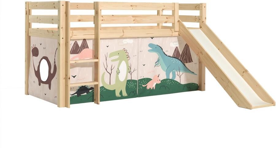 Vipack Halfhoogslaper met glijbaan Astrid met bedtent Dino 90x200 Bruin