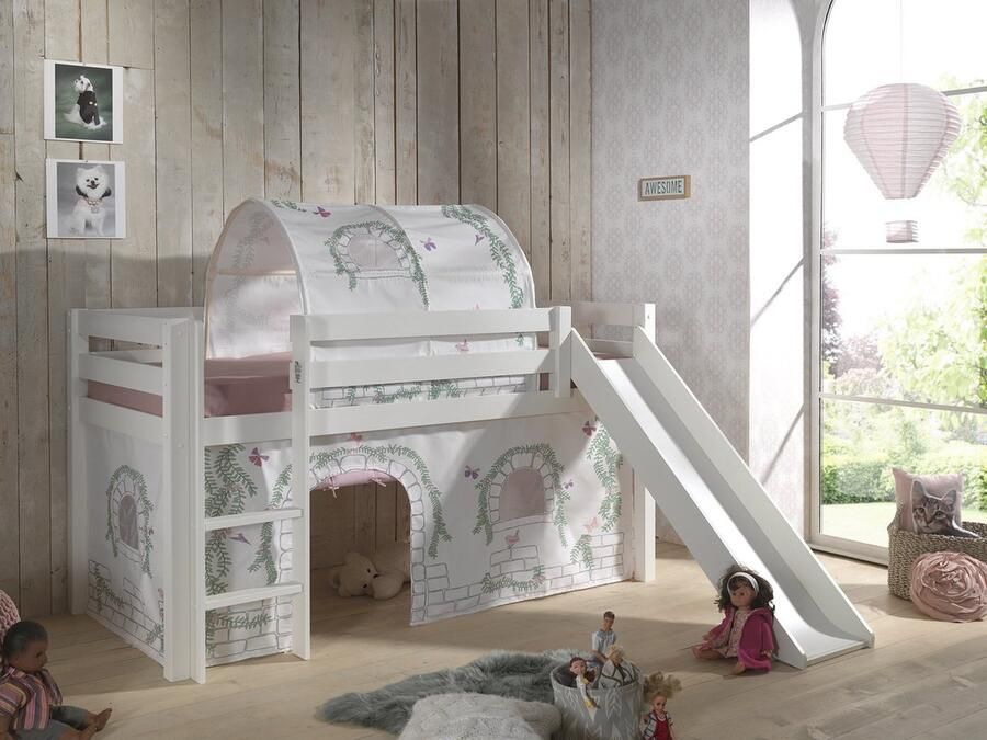 LUCEVI Pino Halfhoogslaper + Ladder + Glijbaan + Birdy Gordijntjes + Birdy Tunnel Wit 90x200 cm