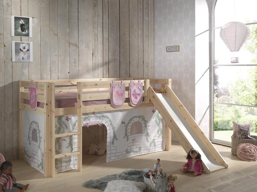 LUCEVI Pino Halfhoogslaper + Ladder + Glijbaan + Birdy Gordijntjes + 3 Zakjes Bruin 90x200 cm