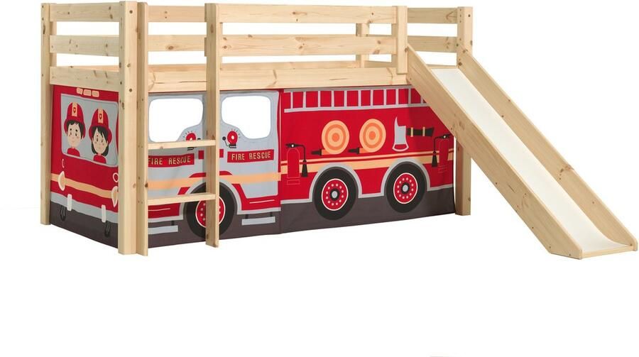 Vipack Halfhoogslaper met glijbaan Astrid met bedtent Fire Truck 90x200 Bruin - Foto 2