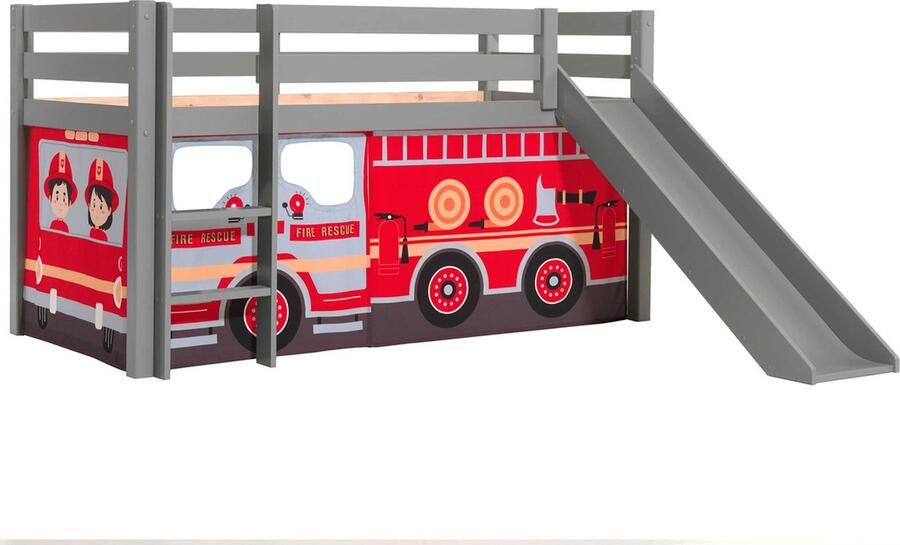 Vipack Halfhoogslaper met glijbaan Astrid met bedtent Fire Truck 90x200 Grijs