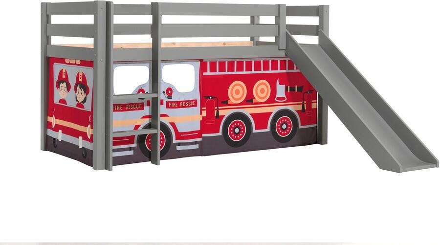 Vipack Halfhoogslaper met glijbaan Astrid met bedtent Fire Truck 90x200 Grijs - Foto 2