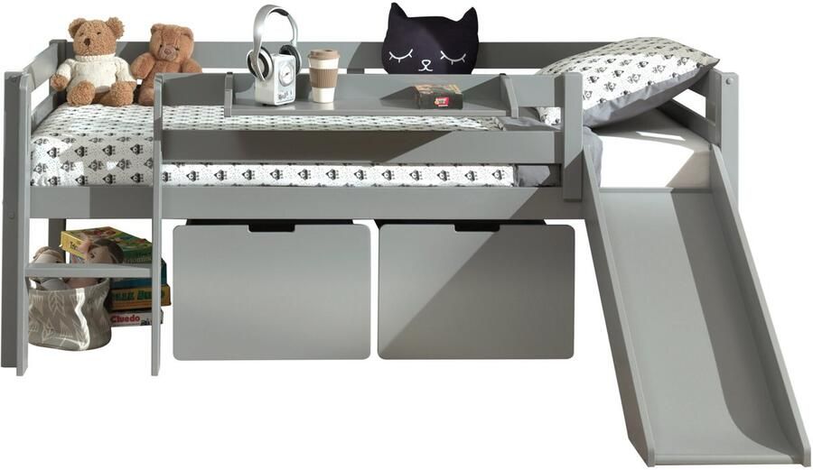 Vipack Halfhoogslaper met glijbaan Pip 90 x 200 met 2 opberglades en legplankje dennenhout 90x200 Grijs - Foto 2