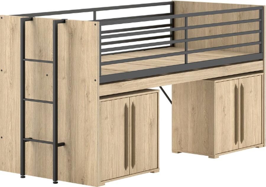 Vipack Halfhoogslaper Sammie 90x200cm Met Bureau En Commodes Eikdecor Halfhoogslaper Bruin Metaal; Spaanplaat Eenpersoons Halfhoogslaper