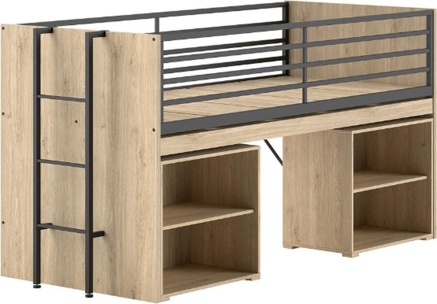Vipack EMOB Halfhoogslaper Sammie 90x200cm met bureau en boekenrekjes eikdecor Kinderbedden met uitvalbeveiliging Bruin Metaal; Spaanplaat Kinderbedden met uitvalbeveiliging Eenpersoons Halfhoogslaper Op voorraad