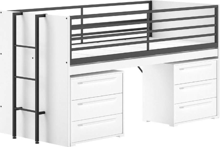 Vipack EMOB Halfhoogslaper Sammie 90x200cm met bureau en ladekasten wit Kinderbedden met uitvalbeveiliging Wit Metaal; Spaanplaat Kinderbedden met uitvalbeveiliging Eenpersoons Halfhoogslaper Op voorraad - Foto 2