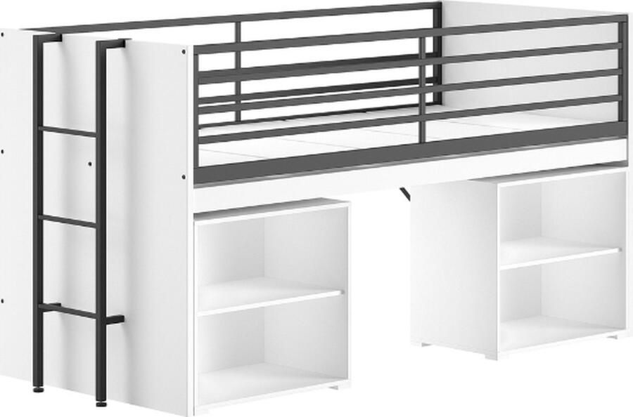 Vipack EMOB Halfhoogslaper Sammie 90x200cm met bureau en boekenrekjes wit Kinderbedden met uitvalbeveiliging Wit Metaal; Spaanplaat Kinderbedden met uitvalbeveiliging Eenpersoons Halfhoogslaper Op voorraad - Foto 2