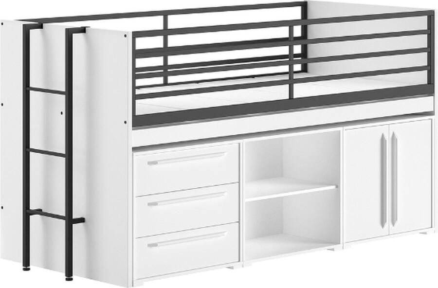 Vipack EMOB Halfhoogslaper Sammie 90x200cm met bureau en opbergruimte wit Kinderbedden met uitvalbeveiliging Wit Metaal; Spaanplaat Kinderbedden met uitvalbeveiliging Eenpersoons Halfhoogslaper Op voorraad - Foto 2