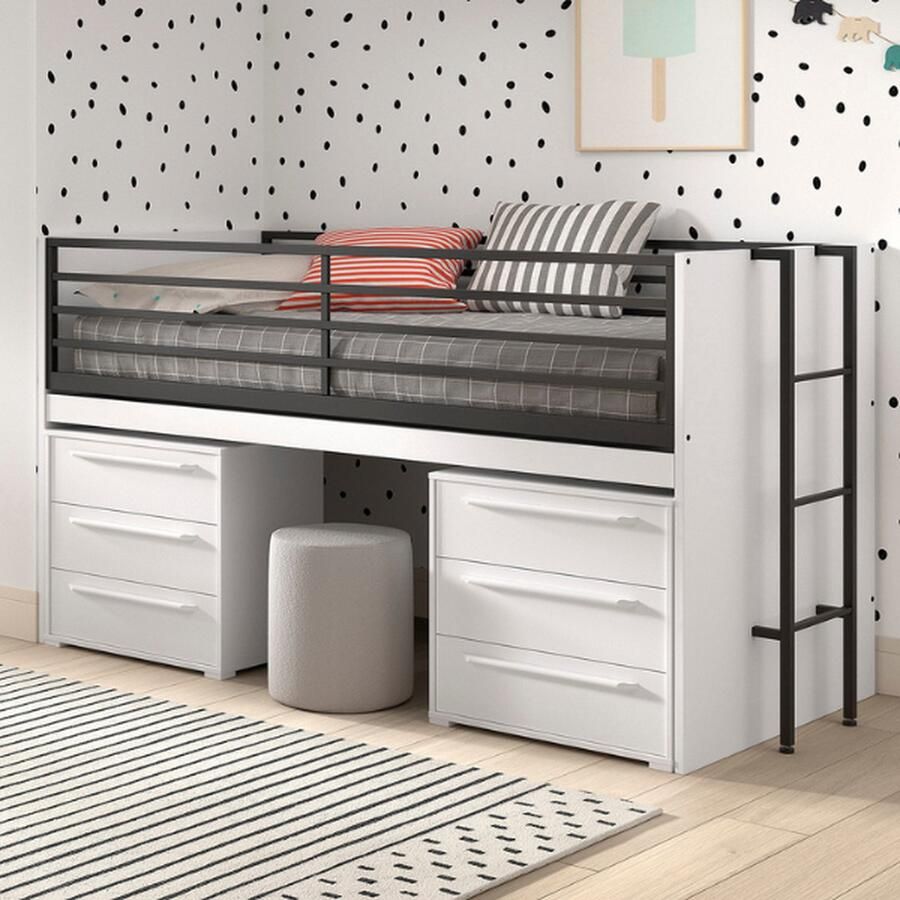 Vipack EMOB Halfhoogslaper Sammie 90x200cm met bureau en ladekasten wit Kinderbedden met uitvalbeveiliging Wit Metaal; Spaanplaat Kinderbedden met uitvalbeveiliging Eenpersoons Halfhoogslaper Op voorraad