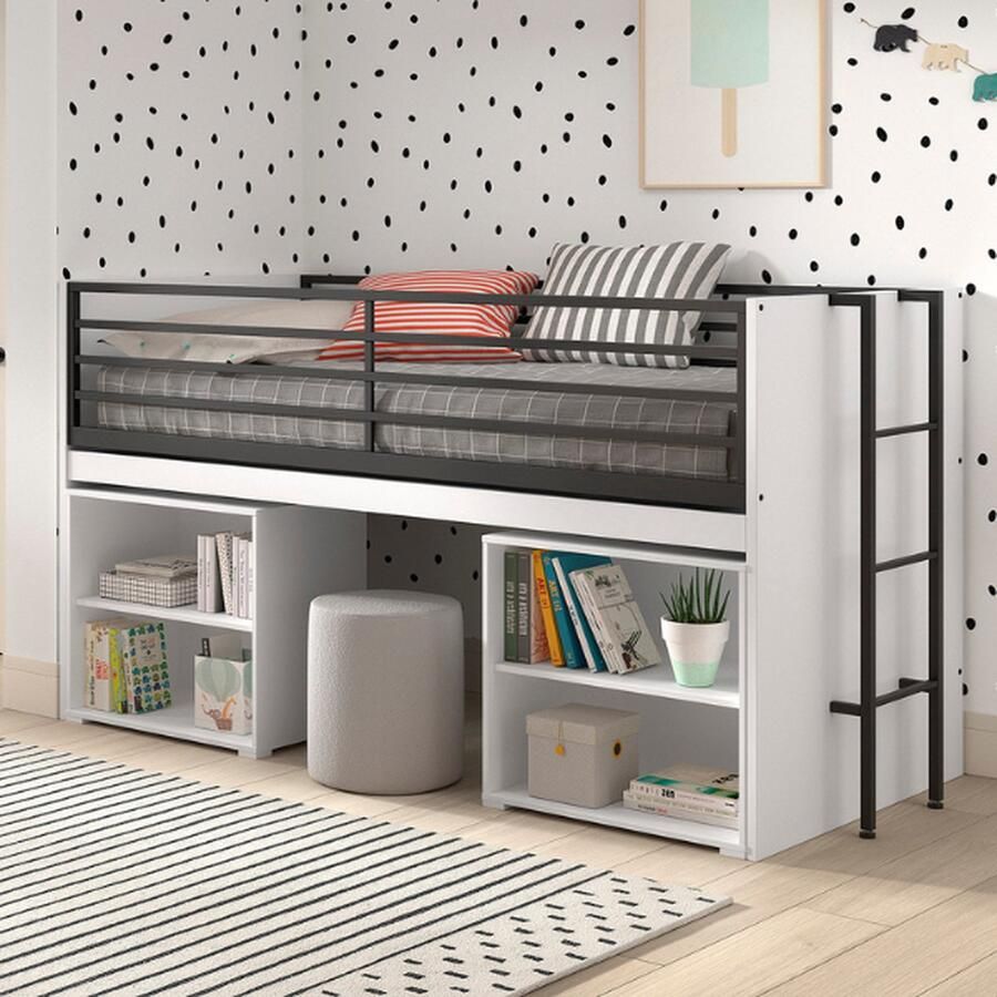 Vipack EMOB Halfhoogslaper Sammie 90x200cm met bureau en boekenrekjes wit Kinderbedden met uitvalbeveiliging Wit Metaal; Spaanplaat Kinderbedden met uitvalbeveiliging Eenpersoons Halfhoogslaper Op voorraad