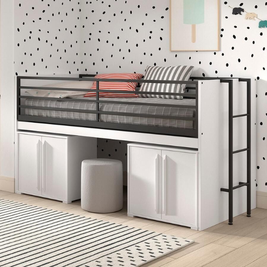 Vipack EMOB Halfhoogslaper Sammie 90x200cm met bureau en commodes wit Kinderbedden met uitvalbeveiliging Wit Metaal; Spaanplaat Kinderbedden met uitvalbeveiliging Eenpersoons Halfhoogslaper Op voorraad