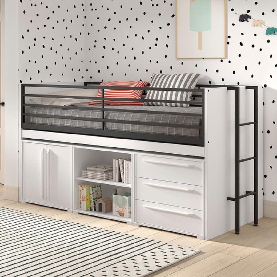 Vipack EMOB Halfhoogslaper Sammie 90x200cm met bureau en opbergruimte wit Kinderbedden met uitvalbeveiliging Wit Metaal; Spaanplaat Kinderbedden met uitvalbeveiliging Eenpersoons Halfhoogslaper Op voorraad