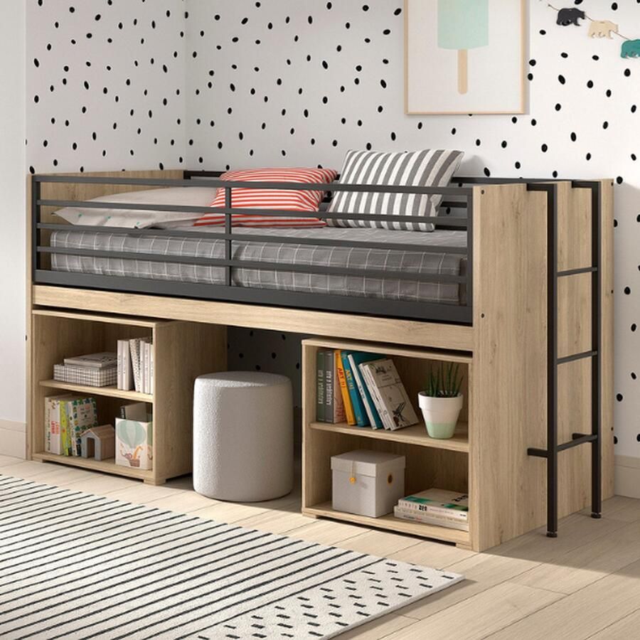 Vipack EMOB Halfhoogslaper Sammie 90x200cm met bureau en boekenrekjes eikdecor Kinderbedden met uitvalbeveiliging Bruin Metaal; Spaanplaat Kinderbedden met uitvalbeveiliging Eenpersoons Halfhoogslaper Op voorraad