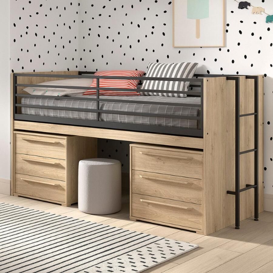 Vipack EMOB Halfhoogslaper Sammie 90x200cm met bureau en ladekasten eikdecor Kinderbedden met uitvalbeveiliging Bruin Metaal; Spaanplaat Kinderbedden met uitvalbeveiliging Eenpersoons Halfhoogslaper Op voorraad