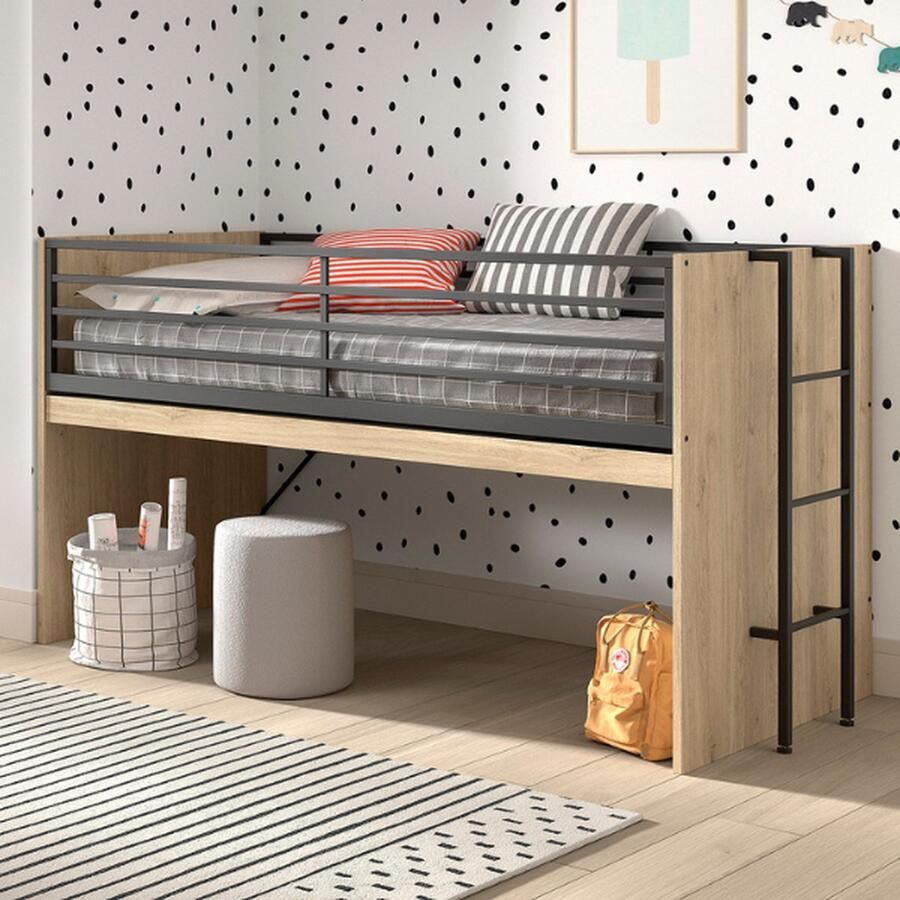 Vipack EMOB Halfhoogslaper Sammie 90x200cm met bureau eikdecor Kinderbedden met uitvalbeveiliging Bruin Metaal; Spaanplaat Kinderbedden met uitvalbeveiliging Eenpersoons Halfhoogslaper Op voorraad