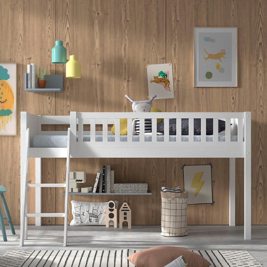 Vipack Hoogslaper Scott m. oprolbare bedbodem ligoppervlak 90 x 200 cm wit gelakt grenen met of zonder glijbaan