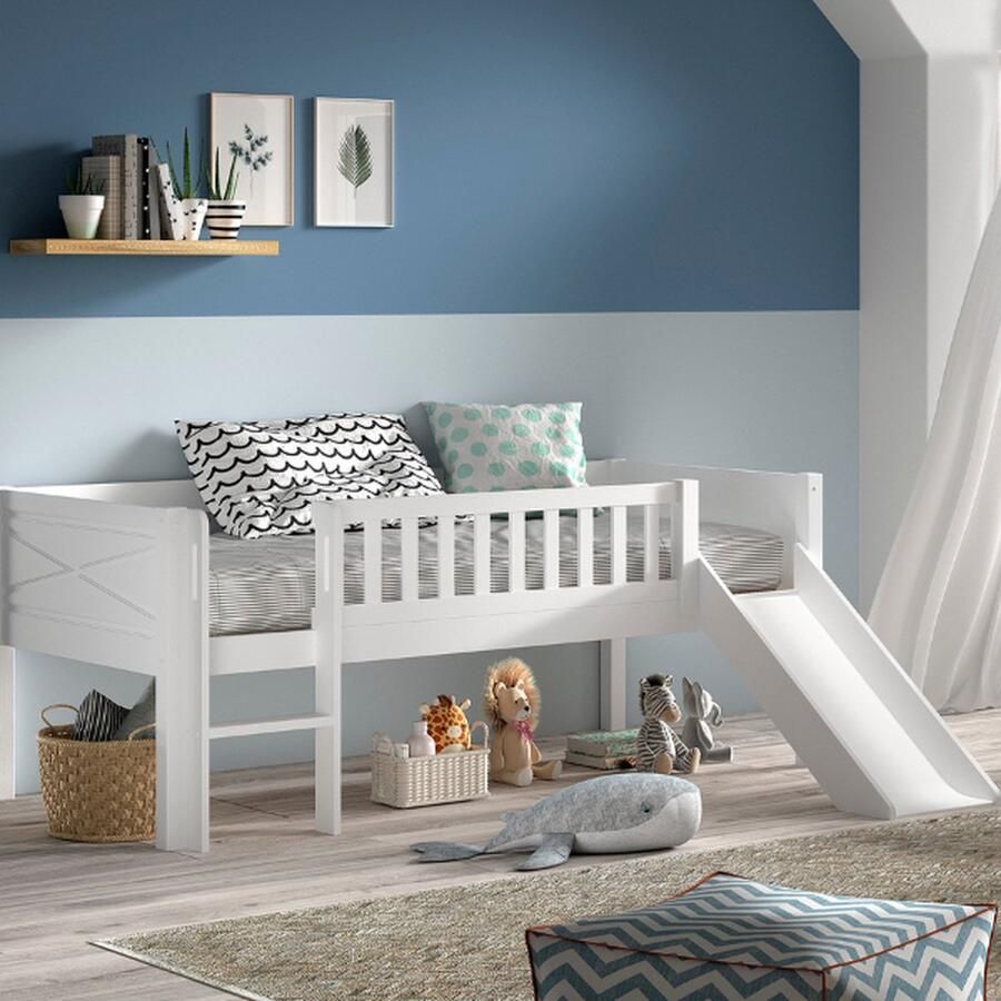 Vipack EMOB Halfhoogslaper Scottie 90x200cm met glijbaan wit dennenhout Kinderbedden met uitvalbeveiliging Wit Hout Kinderbedden met uitvalbeveiliging Eenpersoons Halfhoogslaper Op voorraad