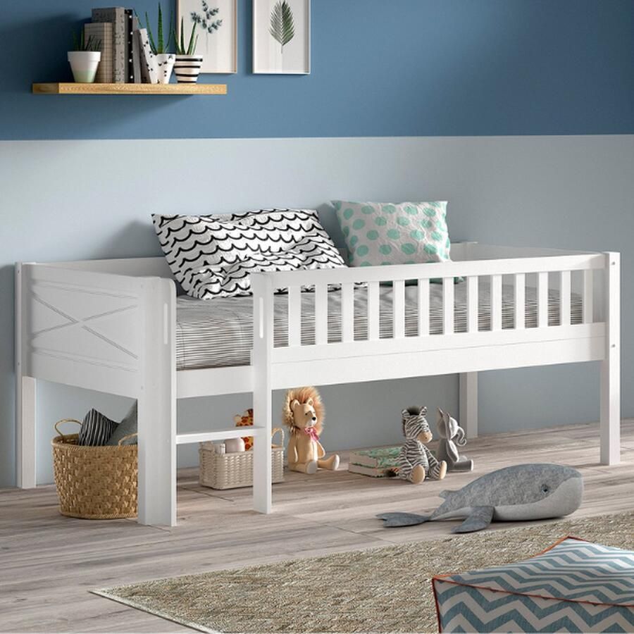 Vipack EMOB Halfhoogslaper Scottie 90x200cm wit dennenhout Kinderbedden met uitvalbeveiliging Wit Hout Kinderbedden met uitvalbeveiliging Eenpersoons Halfhoogslaper Op voorraad