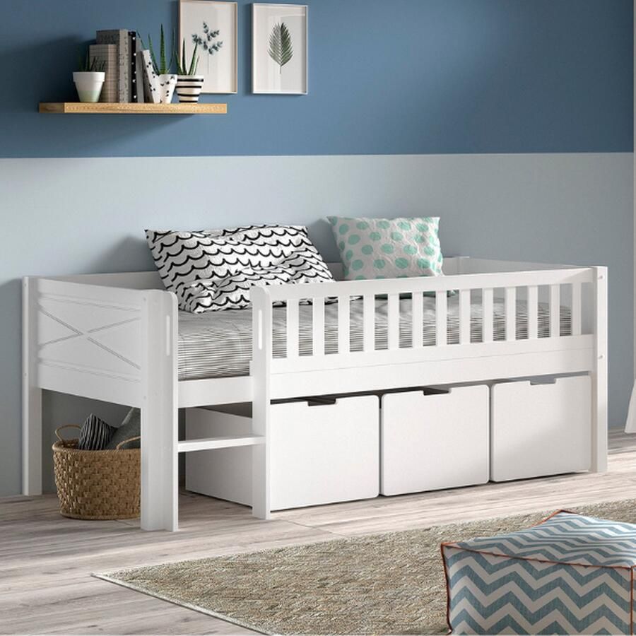 Vipack EMOB Halfhoogslaper Scottie 90x200cm met opberglades wit dennenhout Kinderbedden met uitvalbeveiliging Wit Hout; MDF Kinderbedden met uitvalbeveiliging Eenpersoons Halfhoogslaper Op voorraad - Foto 3