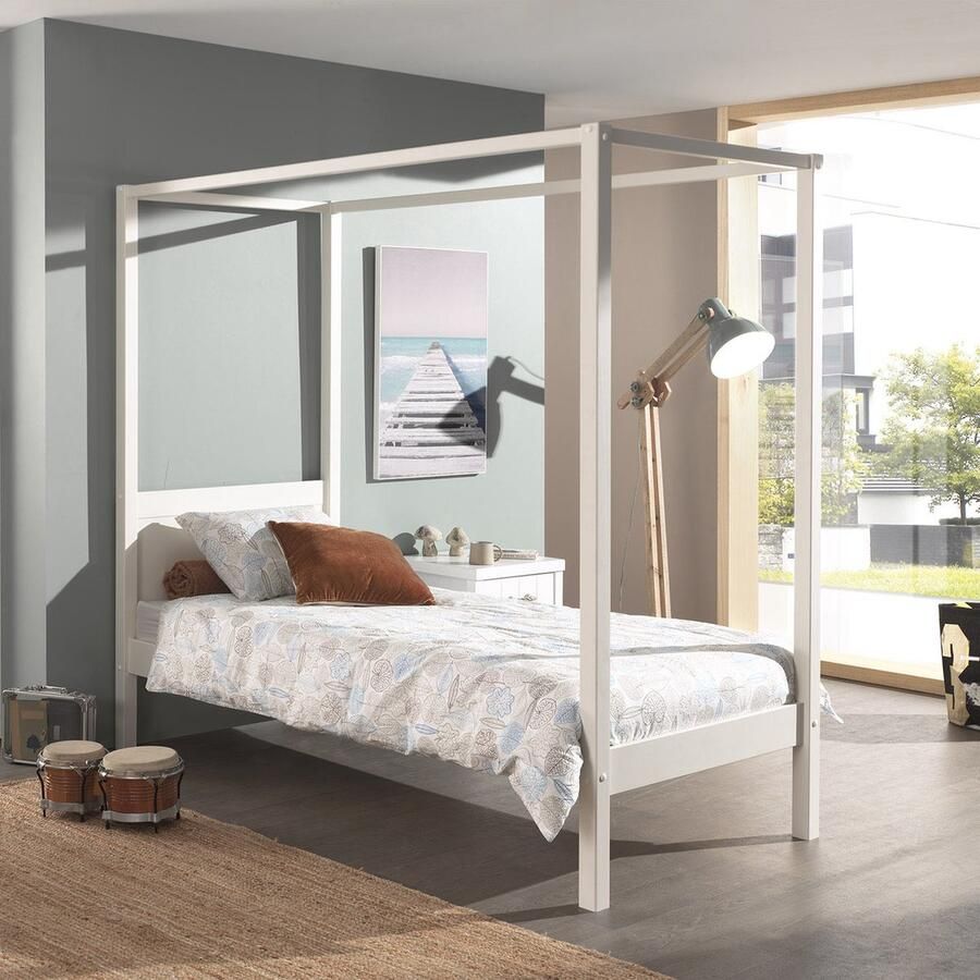 Vipack Hemelbed Pino massief dennenhout wit gelakt gemaakt in Europa tijdloos ontwerp