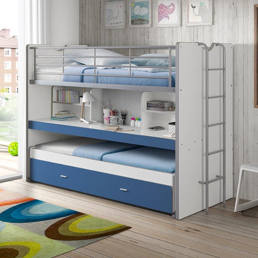 Vipack Hoogslaper Bonny met 3 slaapplaatsen super praktisch in de kinderkamer met groot schrijfblad planken veel functionaliteit op kleine ruimte
