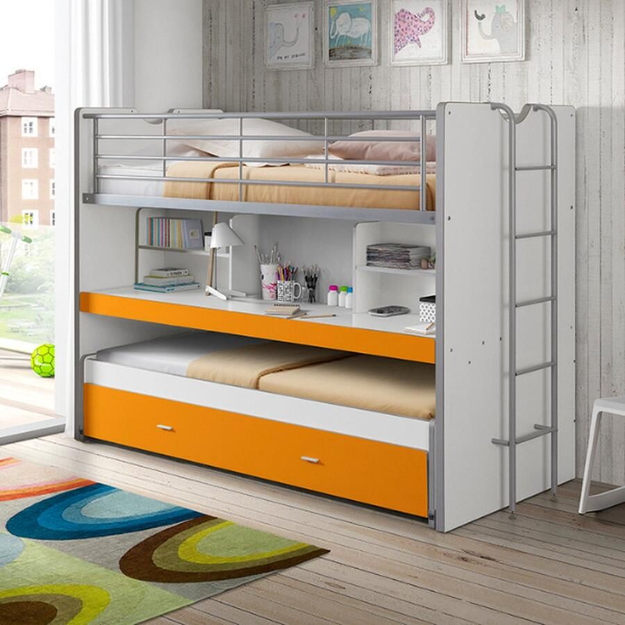 Vipack Hoogslaper Bonny met 3 slaapplaatsen super praktisch in de kinderkamer met groot schrijfblad planken veel functionaliteit op kleine ruimte
