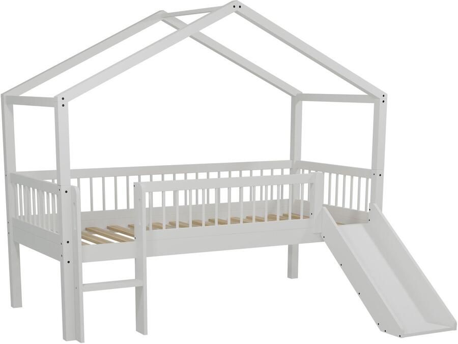 Vipack Huisbed Forrest 90 x 200cm met glijbaan massief beukenhout wit Kinderbedden met uitvalbeveiliging Wit Hout Kinderbedden met uitvalbeveiliging Eenpersoons Halfhoogslaper Op voorraad