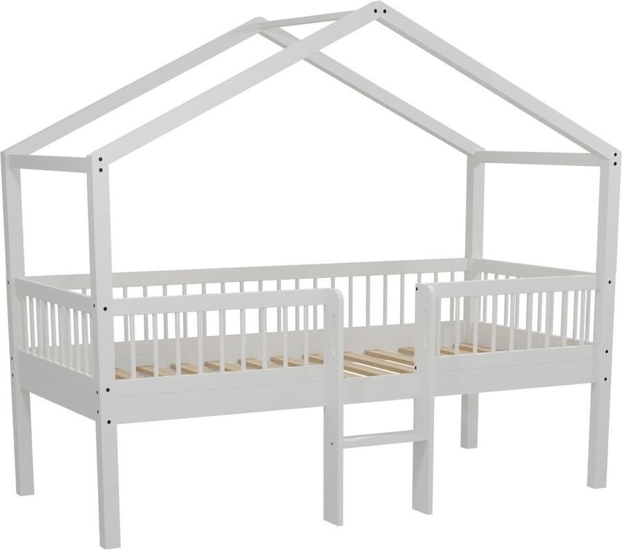 Vipack Huisbed Forrest 90 x 200cm met ladder massief beukenhout wit Kinderbedden met uitvalbeveiliging Wit Hout Kinderbedden met uitvalbeveiliging Eenpersoons Halfhoogslaper Op voorraad