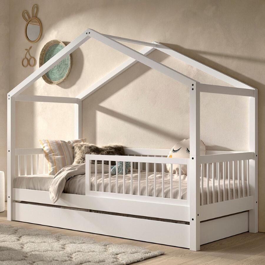 Vipack EMOB Huisbed Forrest 90x200cm met bedhekje en bedlade wit beukenhout Kinderbedden met uitvalbeveiliging Wit Hout Kinderbedden met uitvalbeveiliging Eenpersoons Normaal bed Op voorraad