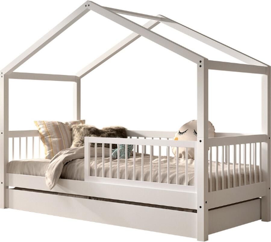 Vipack EMOB Huisbed Forrest 90x200cm met bedhekje en bedlade wit beukenhout Kinderbedden met uitvalbeveiliging Wit Hout Kinderbedden met uitvalbeveiliging Eenpersoons Normaal bed Op voorraad - Foto 2