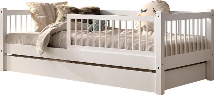 Vipack EMOB Kajuitbed Forrest 90x200 cm met bedhekje en bedlade wit beukenhout Kinderbedden met uitvalbeveiliging Wit Hout Kinderbedden met uitvalbeveiliging Eenpersoons Kajuitbed Op voorraad - Foto 2