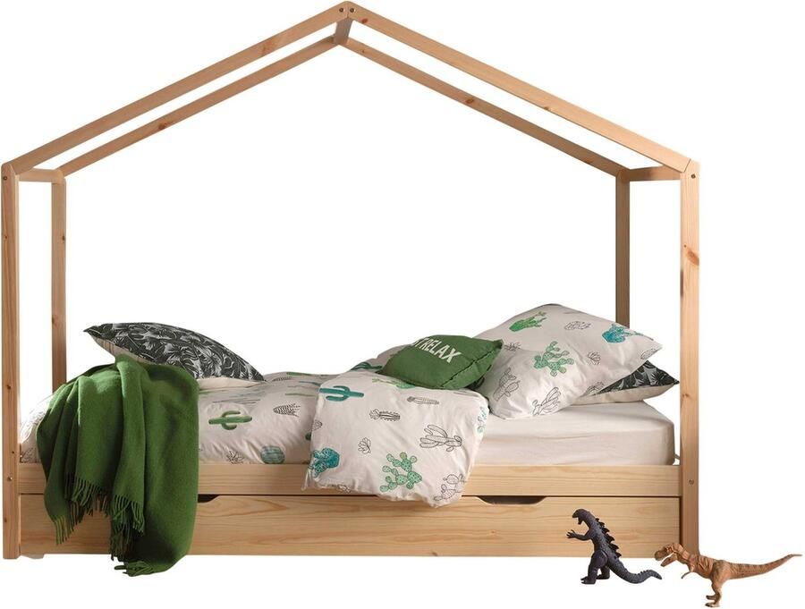 Vipack Kinderbed Dallas 90x200cm Bed als Huis met Slaaplade Bedframe met Dak Peuterbed met Logeerbed Ledikant Hout