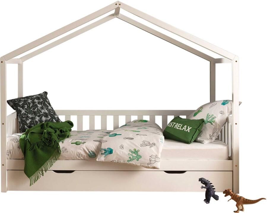 Vipack Kinderbed Dallas 90x200cm Bedbank als Huis met Slaaplade Bed met Dak Peuterbed met Logeerbed Ledikant Wit