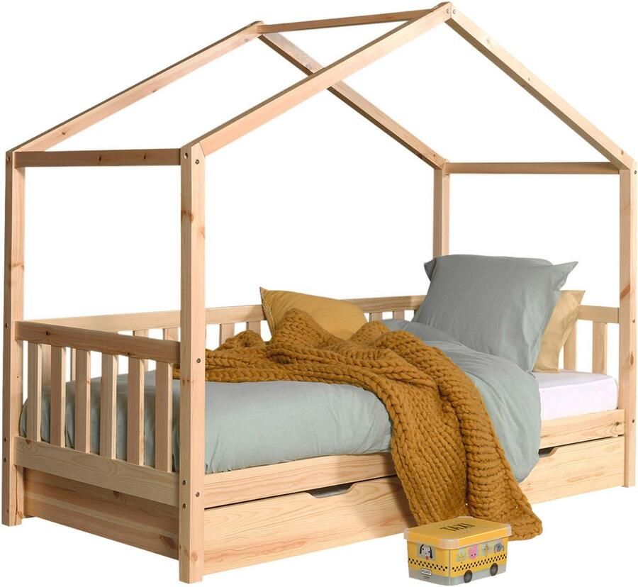 Vipack Huisbed Dallas met dakconstructie massief dennenhout stevig gebouwd naar keuze met onderbedlade of stoffen hemel uitvoering ecru of wit