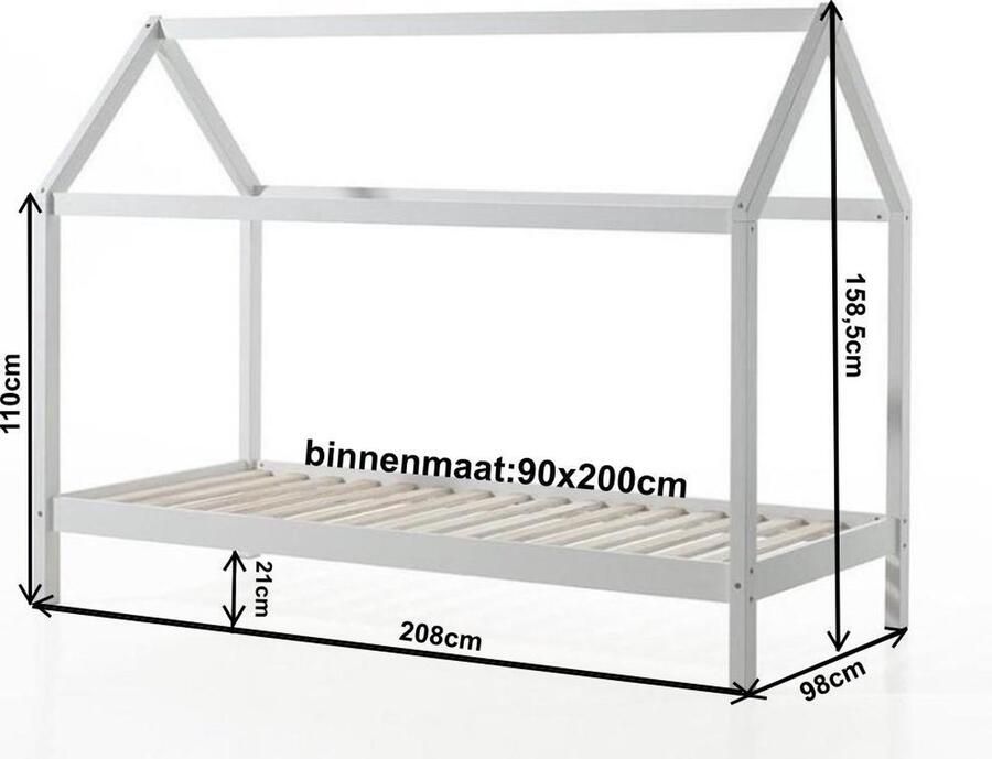 Vipack Kinderbed Dallas 90x200cm Kajuitbed Bed met Dak en Slaaplade Peuterbed met Logeerbed Ledikant Bedframe Wit