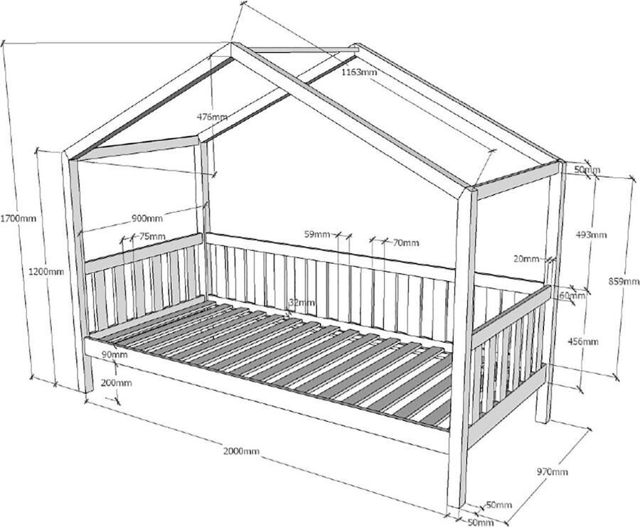 Vipack Kinderbed Dallas 90x200cm Sofabed als Huis Bed met Dak Peuterbed Ledikant Kajuitbed Wit