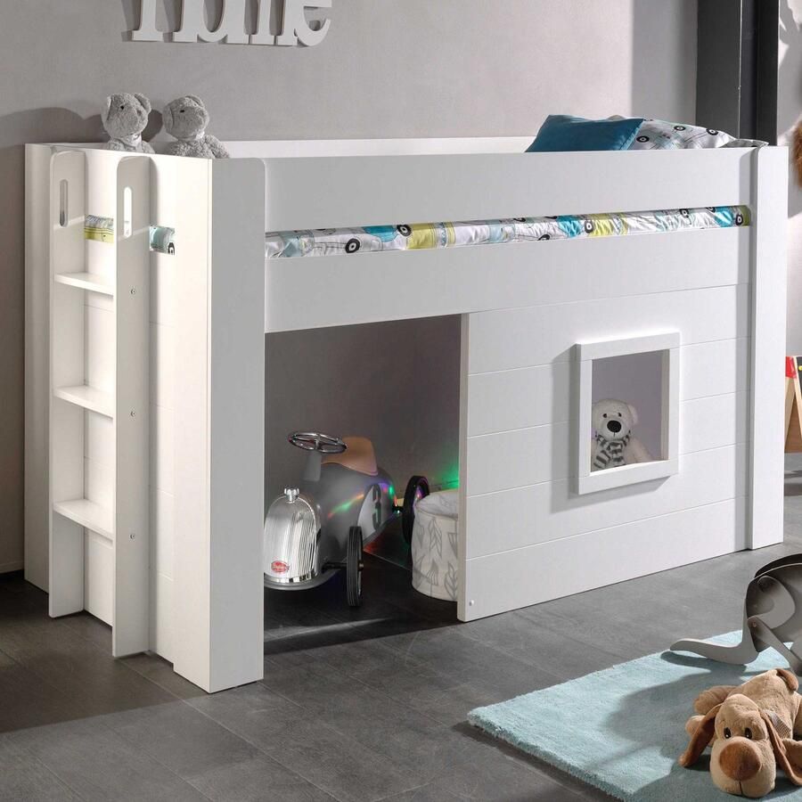 Vipack Kinderbed Noah 90x200cm Halfhoogslaper Bed als Huis Peuterbed Ledikant Bedframe Wit