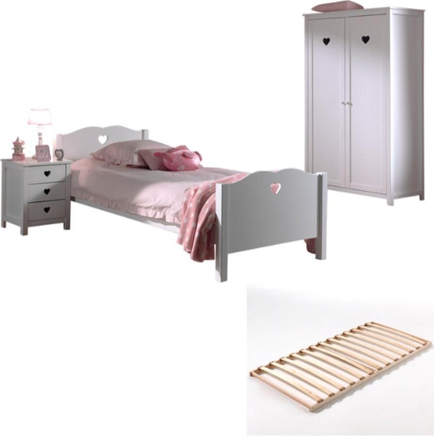 Vipack Deze Amori-combinatie bestaat uit een bed van 90x200 cm een lattenbodem een nachtkastje en een kledingkast met 2 deuren