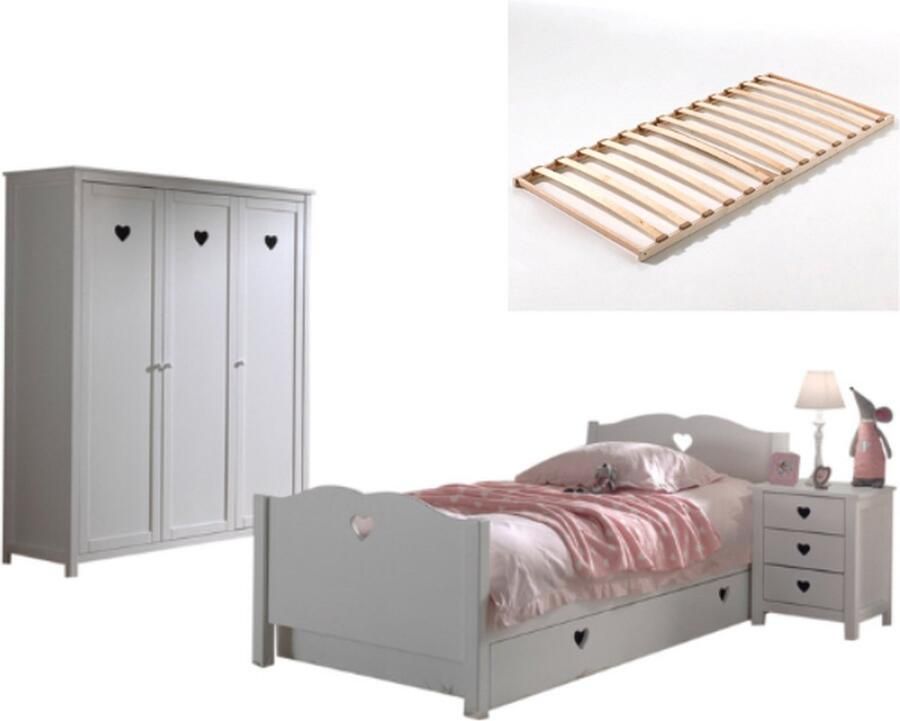 Vipack Deze Amori-combinatie bestaat uit een bed van 90x200 cm een lattenbodem een nachtkastje een kledingkast met 3 deuren en een rolbed