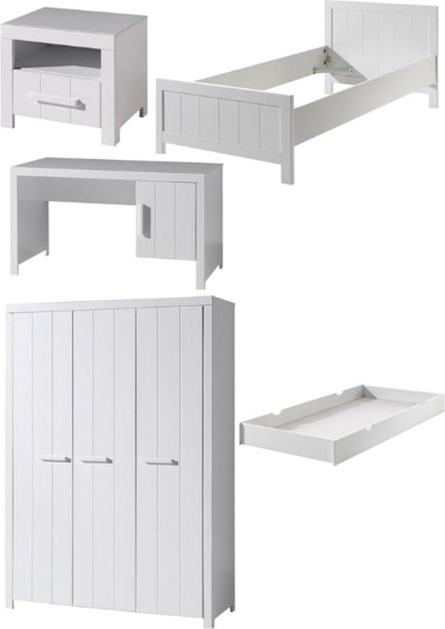 Vipack Deze ERIK combinatie in wit bestaat uit een bed (90x200) met bijhorend rolbed nachtkastje 3-deurs kleerkast en bureau
