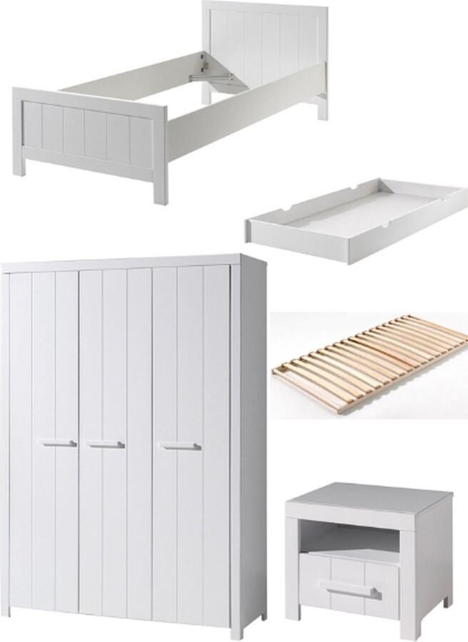 Vipack Deze combinatie van ERIK in het wit bestaat uit een bed (90x200) met bijpassende lattenbodem uitschuifbaar bed nachtkastje en kledingkast met 3 deuren