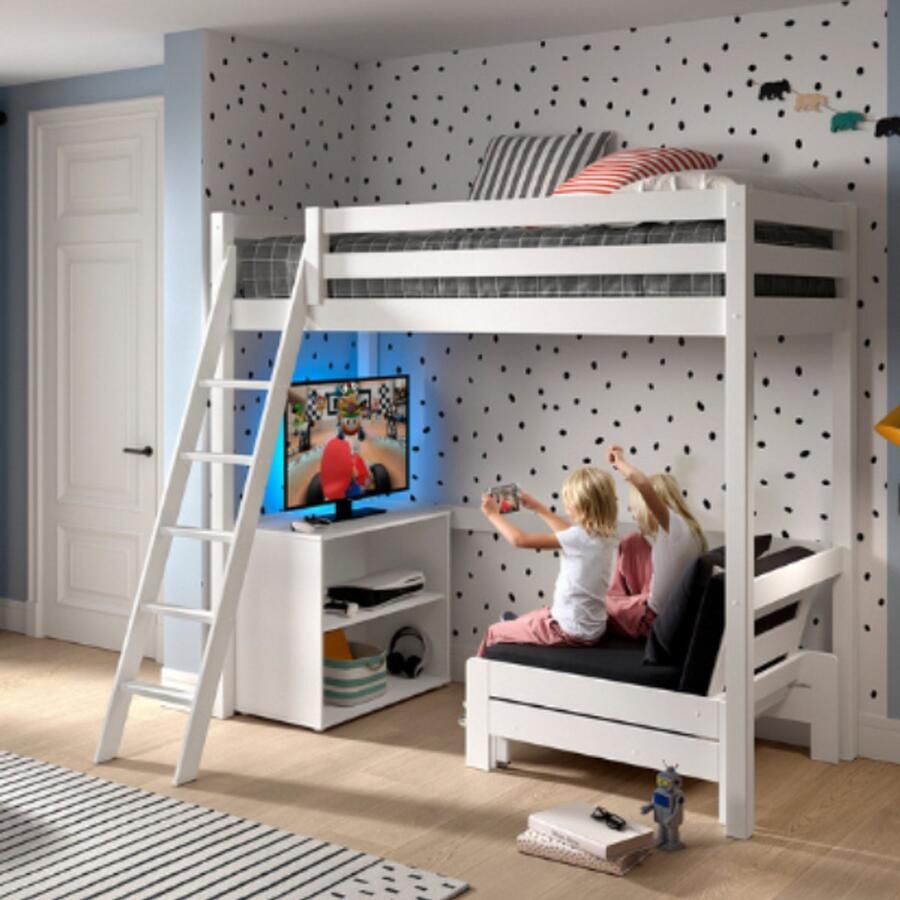 Vipack EMOB Hoogslaper Pino 90x200cm met boekenkast en zetelbed Wit Kinderbedden met uitvalbeveiliging Wit Hout; MDF Kinderbedden met uitvalbeveiliging Eenpersoons Hoogslaper Op voorraad