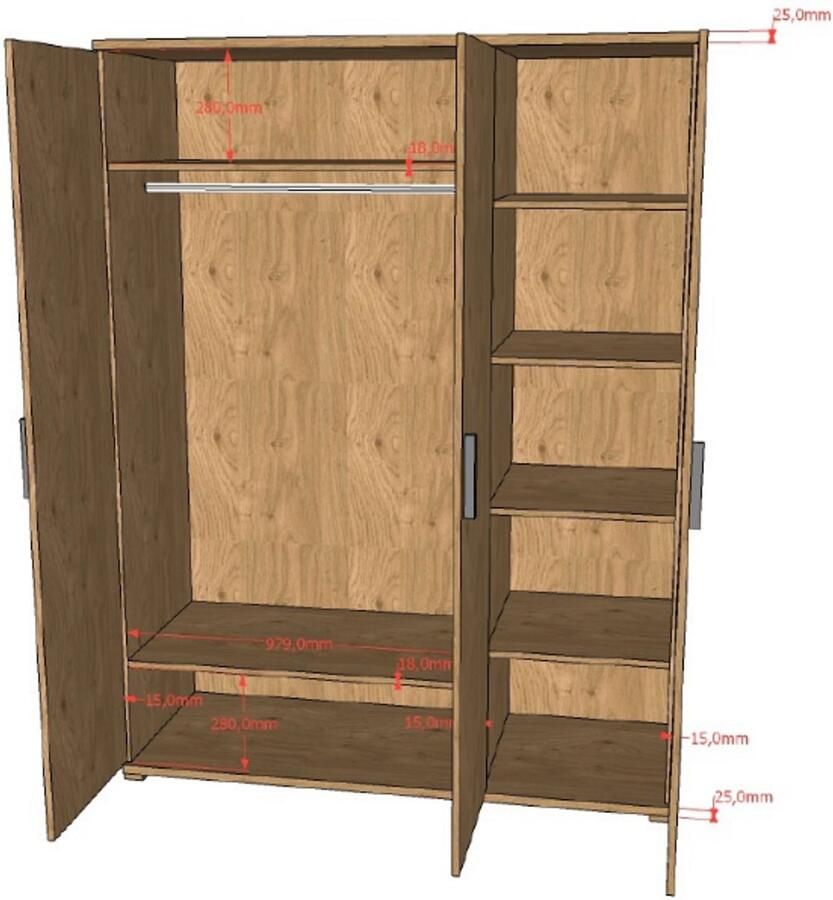 Vipack Kledingkast Sammie 150x59x199cm 3 deuren eikdecor - Foto 2