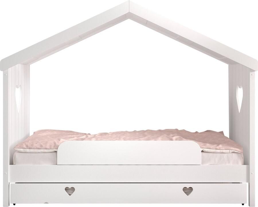 Vipack Huisbed Amori incl. dak achterzijde open met lattenbodem keuze met of zonder lade en valbeveiliging wit gelakt