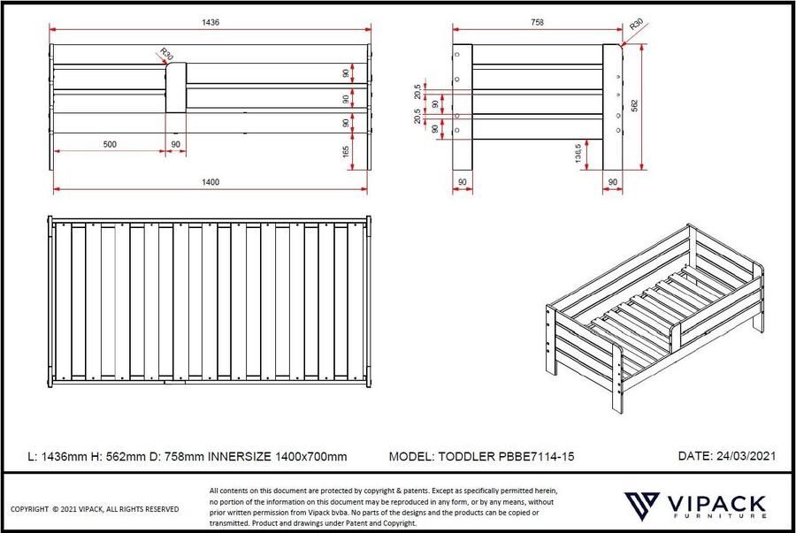 Vipack EMOB Peuterbed Anastasia 70 x 140cm dennenhout grijs Babykamer Grijs Hout Babykamer Eenpersoons Normaal bed Op voorraad - Foto 4